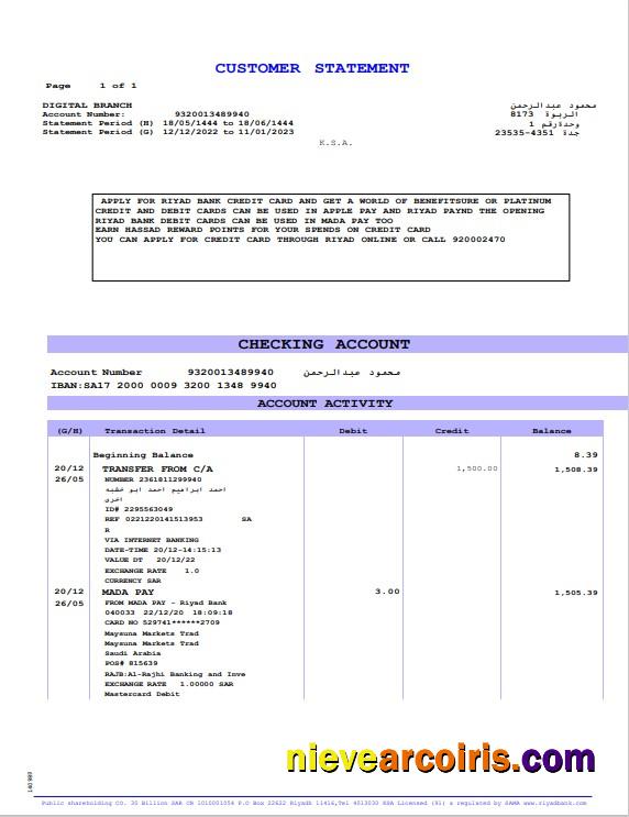 Saudi Arabia Riyad Bank statement Word and PDF example